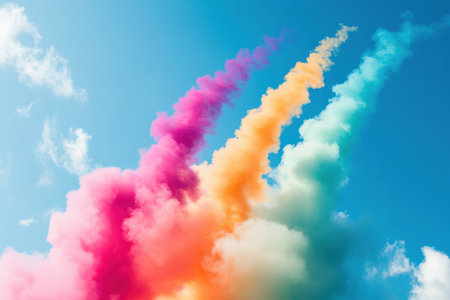 Airplanes execute impressive aerial stunts, leaving behind vibrant smoke trails of pink, orange, and blue against a bright sky filled with clouds.の素材