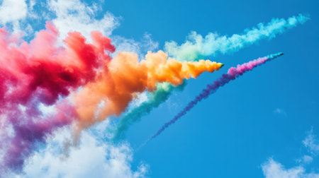 Spectacular airplanes perform thrilling stunts, leaving colorful smoke trails across a bright blue sky during an energetic airshow eventの素材