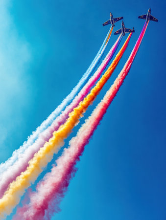 Airplanes engage in stunts while leaving colorful smoke trails against a backdrop of a bright blue sky, thrilling spectators below.の素材