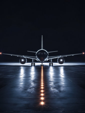 Airplane positioned on a brightly lit runway at night, marked by vibrant navigation lights guiding its path for takeoff.の素材