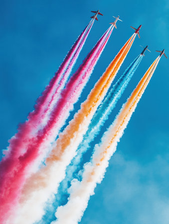 Five airplanes execute thrilling stunts while injecting vibrant smoke trails into a clear blue sky, captivating onlookers during the event.の素材