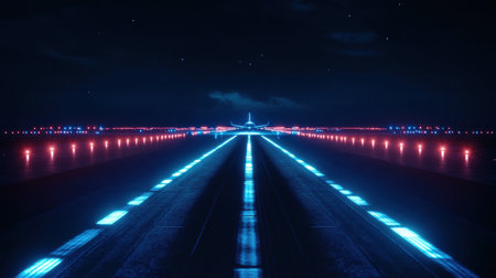 An airplane is positioned on a brightly lit runway at night, flanked by vibrant navigation lights signaling the way for departure.の素材
