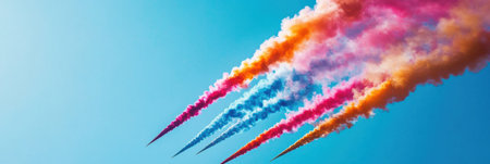 Stunt airplanes create stunning displays by releasing vibrant smoke trails while soaring through a bright blue sky, showcasing aerial artistry.の素材