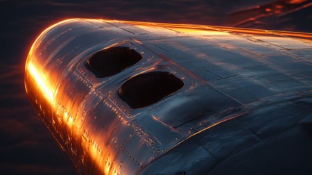 The wing of an airplane captures the warm hues of sunset, reflecting shades of orange and gold as it cruises through the sky at dusk.の素材