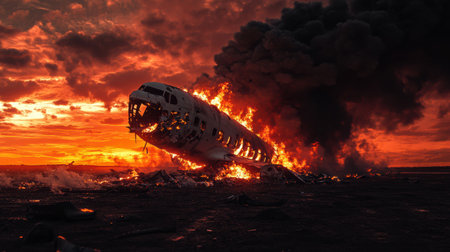 Flames erupt from a downed aircraft as dark smoke billows into the sky during a dramatic sunset in a remote area.の素材