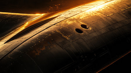 The metallic surface of an airplane wing reflects vibrant golden hues as the sun sets on the horizon, creating a stunning visual effect.の素材