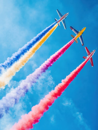 Impressive airplanes execute daring stunts while creating vibrant smoke trails in a clear blue sky during an exhilarating aerial show.の素材