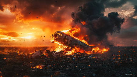 A plane has crashed and is engulfed in bright flames, with thick black smoke rising into the sky during sunset in a dramatic display.の素材