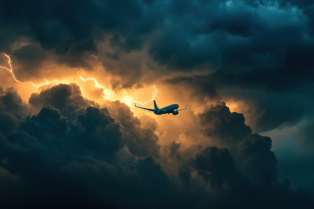 A commercial airplane maneuvers through ominous storm clouds illuminated by flashes of lightning, showcasing a thrilling aerial journey.の素材