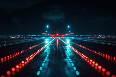 An airplane is lined up on a brightly illuminated runway at night, with vibrant navigation lights guiding its path for takeoff.の素材