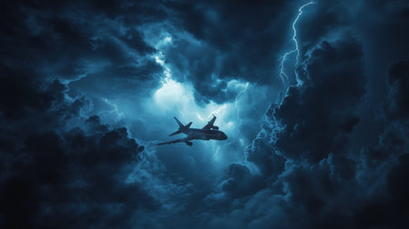 An airplane flies through dark, stormy clouds while lightning strikes in the background, showing the challenges of night travel.の素材