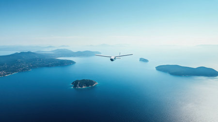 An airplane glides effortlessly above a vast, shimmering blue ocean, with small islands visible below against the clear sky.の素材