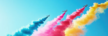 Airplanes soar in formation, executing stunning stunts while leaving colorful smoke trails against a bright blue sky at a thrilling airshowの素材