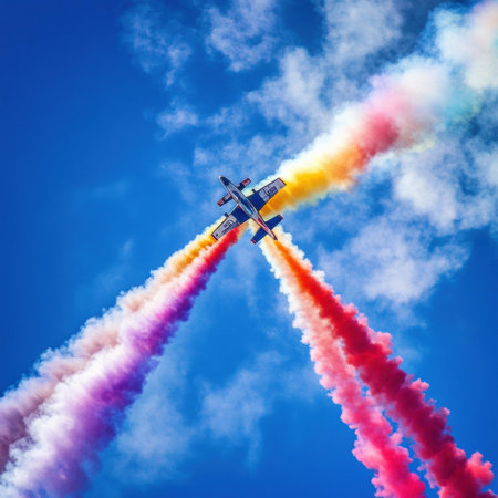 Airplanes showcase their skills in the sky, leaving behind vivid trails of colorful smoke while performing thrilling stunts in bright sunshine.の素材