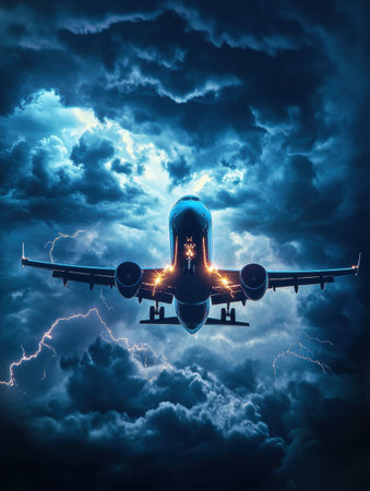 An airplane flies through dark, stormy clouds illuminated by lightning in a dramatic display during twilight hours.の素材