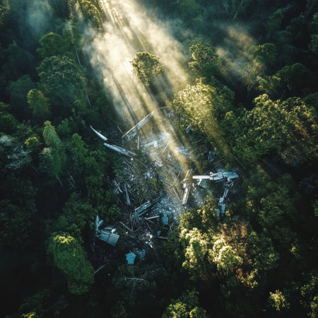 A clearing in a dense forest reveals scattered airplane debris, illuminated by rays of sunlight breaking through the canopy.の素材