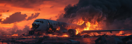 Bright flames and thick smoke surround an aircraft that has crashed during sunset, creating a devastating and chaotic atmosphere.の素材