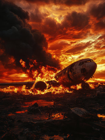 A plane lies destroyed and engulfed in flames amid thick smoke, illuminating the twilight sky with vibrant orange hues in a desolate location.の素材