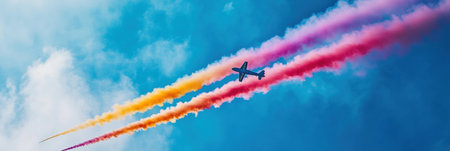 Stunt airplanes perform aerial maneuvers, leaving colorful smoke trails in various hues while soaring through a bright blue sky during daylight.の素材