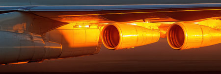 Golden hues reflect off an airplane wing and engines as the sun sets on the horizon, creating a stunning evening spectacle in the sky.の素材