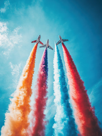 Stunt airplanes create vibrant smoke trails in various colors against a clear blue sky, captivating the audience below on a sunny day.の素材