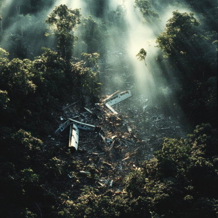 Dense forest reveals a clearing where airplane debris lies scattered among the greenery, illuminated by soft rays of sunlight.の素材