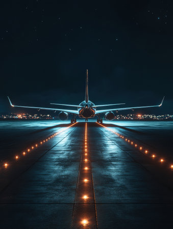An airplane is positioned on a brightly lit runway at night, surrounded by navigation lights, ready for takeoff into a starry sky.の素材