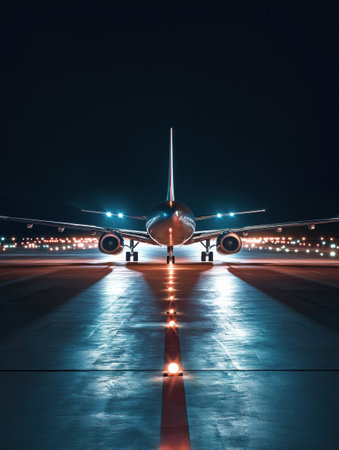 An airplane is positioned on an illuminated runway at night, with bright navigation lights surrounding it and city lights twinkling in the background.の素材