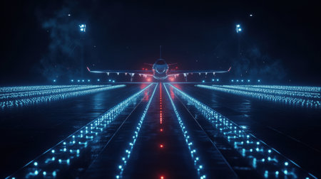 An airplane is positioned on a brightly lit runway at night, with navigation lights illuminating the path for a safe departure.の素材