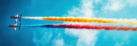 Two airplanes execute impressive aerial maneuvers, leaving colorful smoke trails in the bright blue sky with fluffy clouds.の素材
