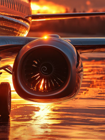 Sunset creates a warm glow on airplane wing and jet engine, highlighting reflective surfaces and serene travel atmosphere.の素材