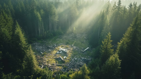 Dense forest reveals a clearing with scattered airplane debris, softly illuminated by morning light filtering through the trees.の素材