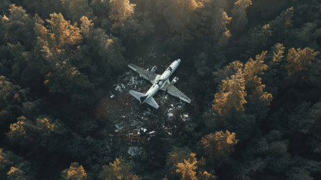 An aerial view captures scattered airplane debris in a forest clearing surrounded by dense trees at dusk, evoking mystery and intrigue.の素材
