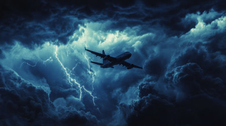 An airplane maneuvers through dark stormy clouds filled with lightning during a turbulent flight in the sky.の素材