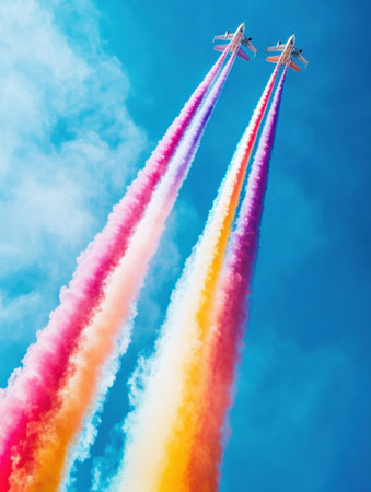Two airplanes perform daring maneuvers while leaving colorful smoke trails that brighten the clear blue sky in an aerial showcase.の素材