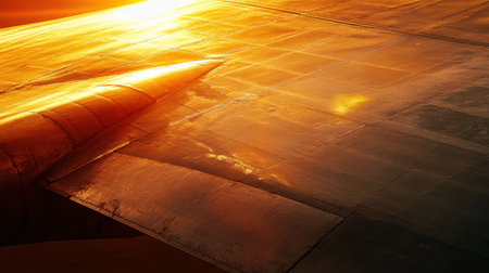 Golden sunlight casts a warm glow on the airplane wing, highlighting its sleek surface during sunset in the evening sky.の素材