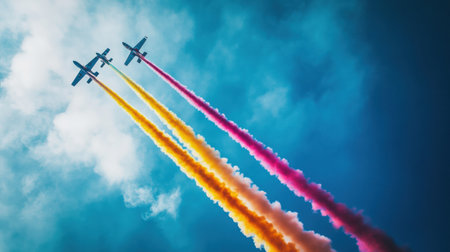 Two airplanes execute thrilling maneuvers, leaving bright pink and yellow smoke trails against a brilliant blue sky while entertaining the audience.の素材