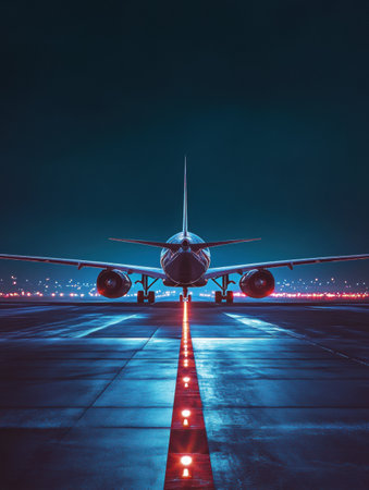 An airplane is poised on a brightly lit runway at night, surrounded by glowing navigation lights, ready for departure.の素材