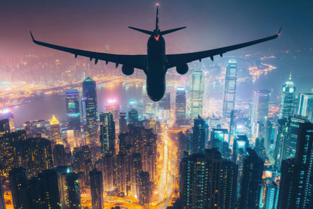 An airplane glides above a vibrant city skyline filled with sparkling lights during nighttime, showing urban beauty and flight.の素材