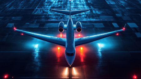 Airplane awaits takeoff on an illuminated runway at night, surrounded by vibrant navigation lights creating a captivating visual effect.の素材