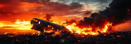 An airplane has crashed in a fiery display, engulfed in flames during sunset, with dark smoke billowing into the sky.の素材
