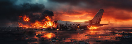 Bright flames engulf a downed aircraft as dark smoke billows into the sky during a dramatic sunset at a deserted airfield.の素材