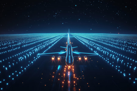 An airplane is positioned on a brightly illuminated runway at night, with vibrant navigation lights guiding its path for takeoff.の素材