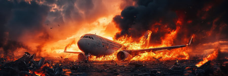 Flames rage as a plane crashes, illuminating the darkened sky with smoke plumes rising from the wreckage at twilight.の素材