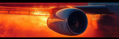 Airplane wing captures the warm colors of a sunset while soaring through the sky during a late evening flight, highlighting its design.の素材