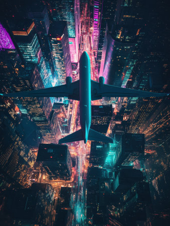 A sleek airplane flies above a vibrant city, illuminating the urban landscape with colorful lights during the night sky.の素材