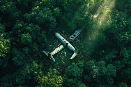 A clearing in a dense forest shows scattered airplane debris among trees, highlighting natures reclamation of the site.の素材