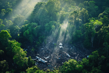 From above, a clearing in a dense forest showcases scattered airplane debris amidst beams of sunlight filtering through trees.の素材