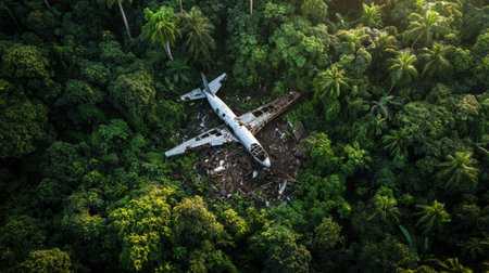 Scattered airplane debris is enveloped by dense green foliage, showing the remnants of an aircraft in a remote forest area.の素材