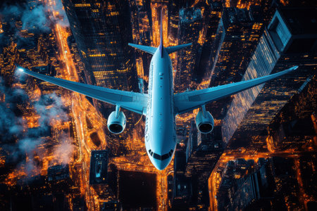 An airplane flies high above a lively city illuminated by the glow of countless lights against a dark sky, showcasing urban life at night.の素材